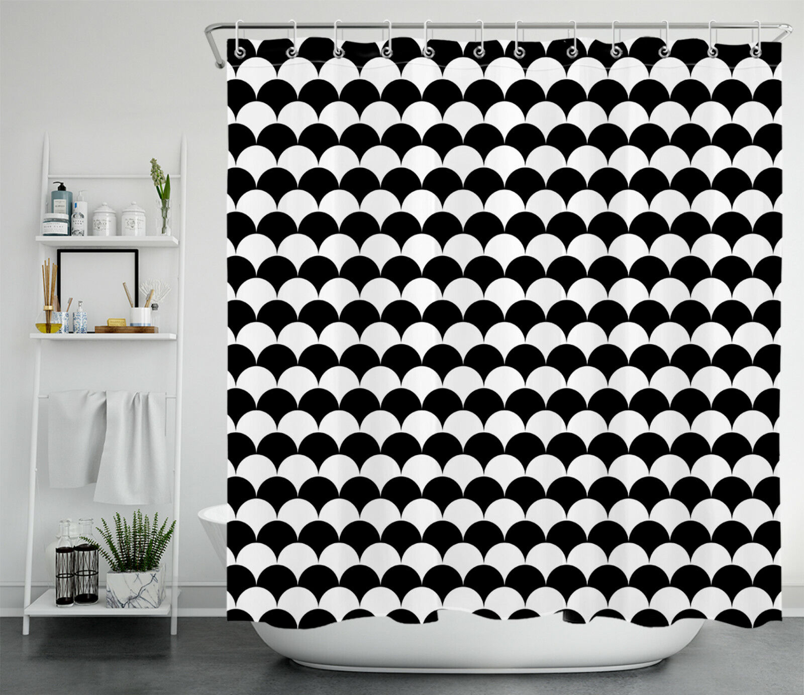 Black And White Mermaid Scales Shower Curtain Bathroom Accessory With An Abstract Ocean Design - Image 2
