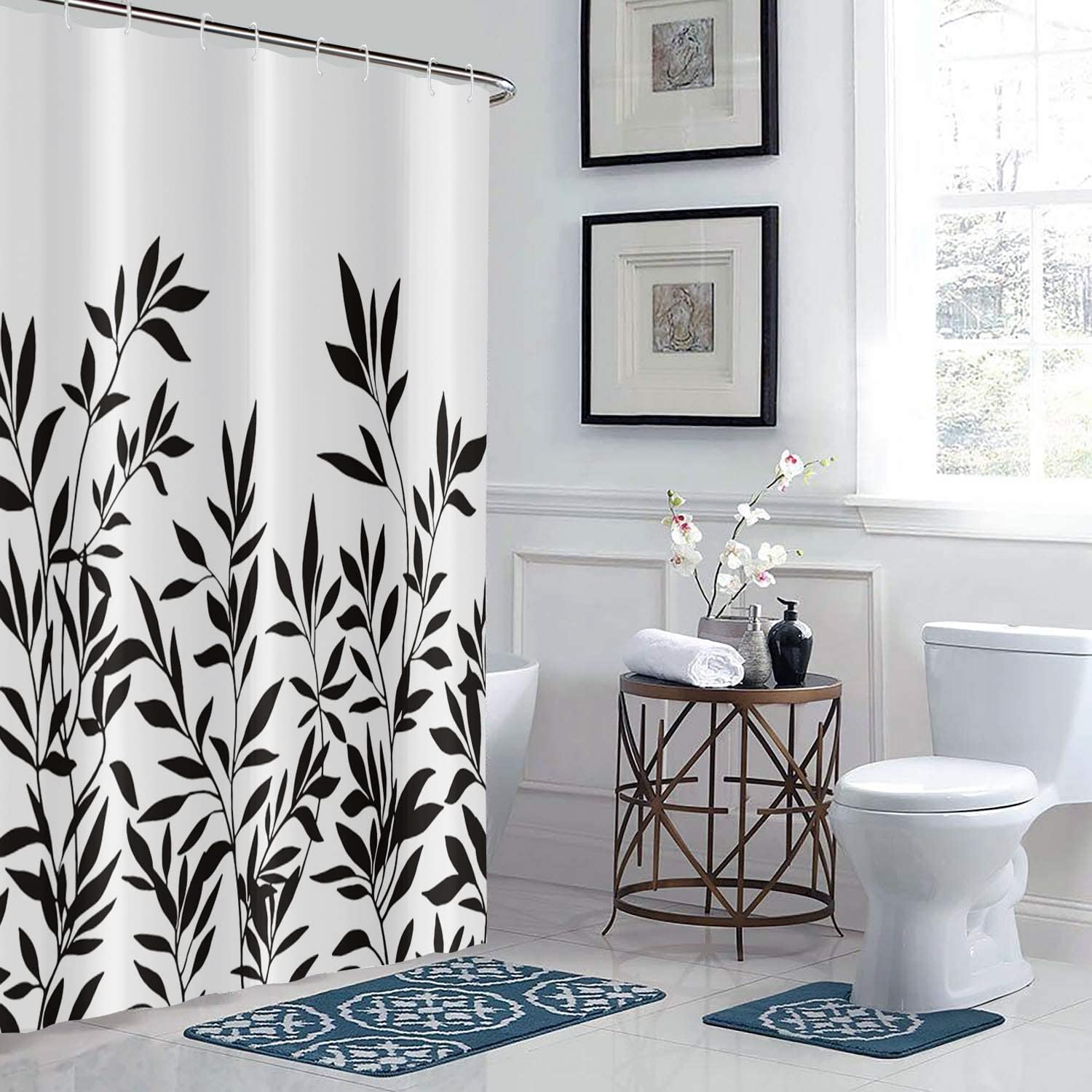 Black And White Modern Abstract Floral Shower Curtain For Bathroom
