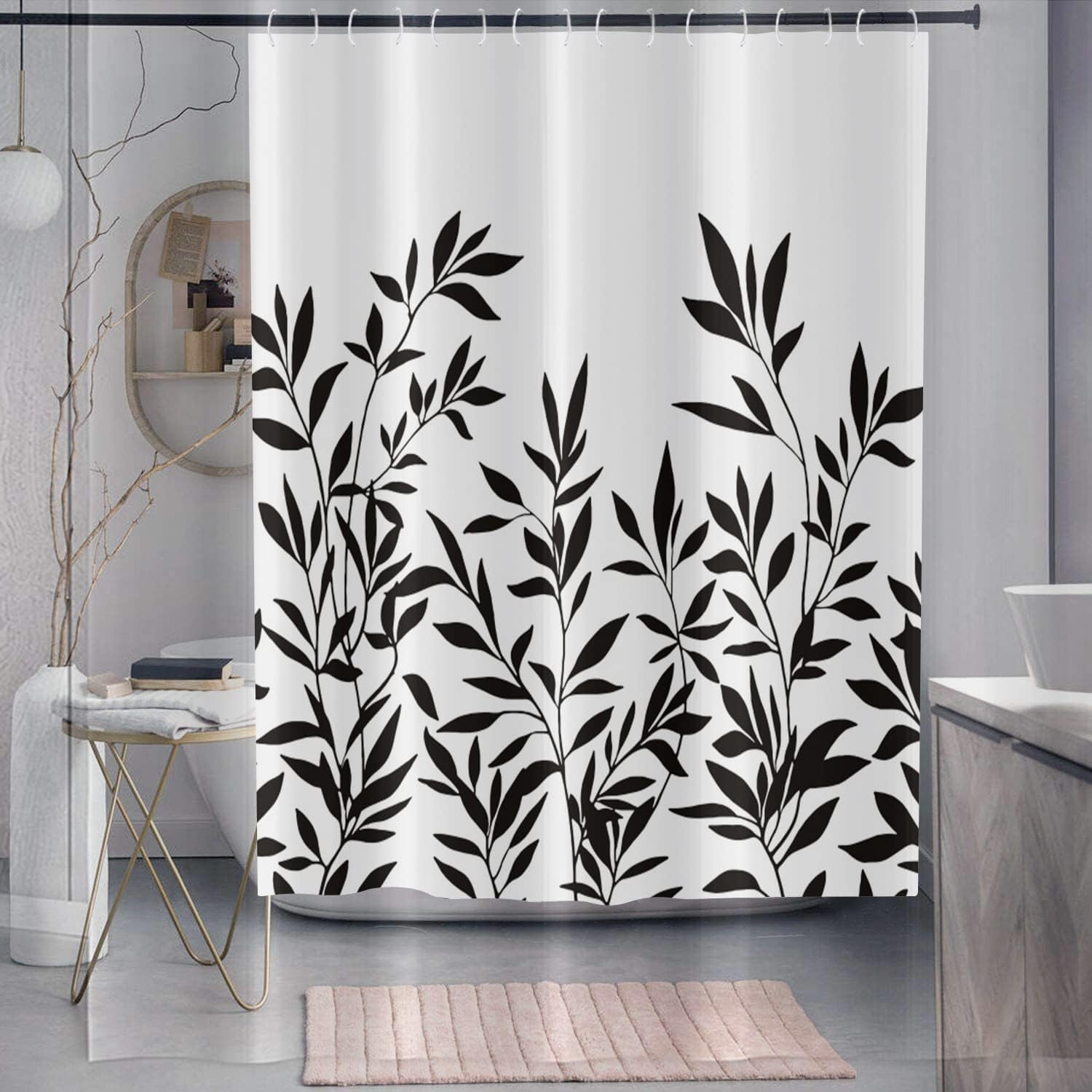 Black And White Modern Abstract Floral Shower Curtain For Bathroom