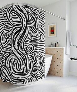 Black And White Octopus Illustration Ai Art Design Print Kids Shower Curtain - Modern Bathroom Decor