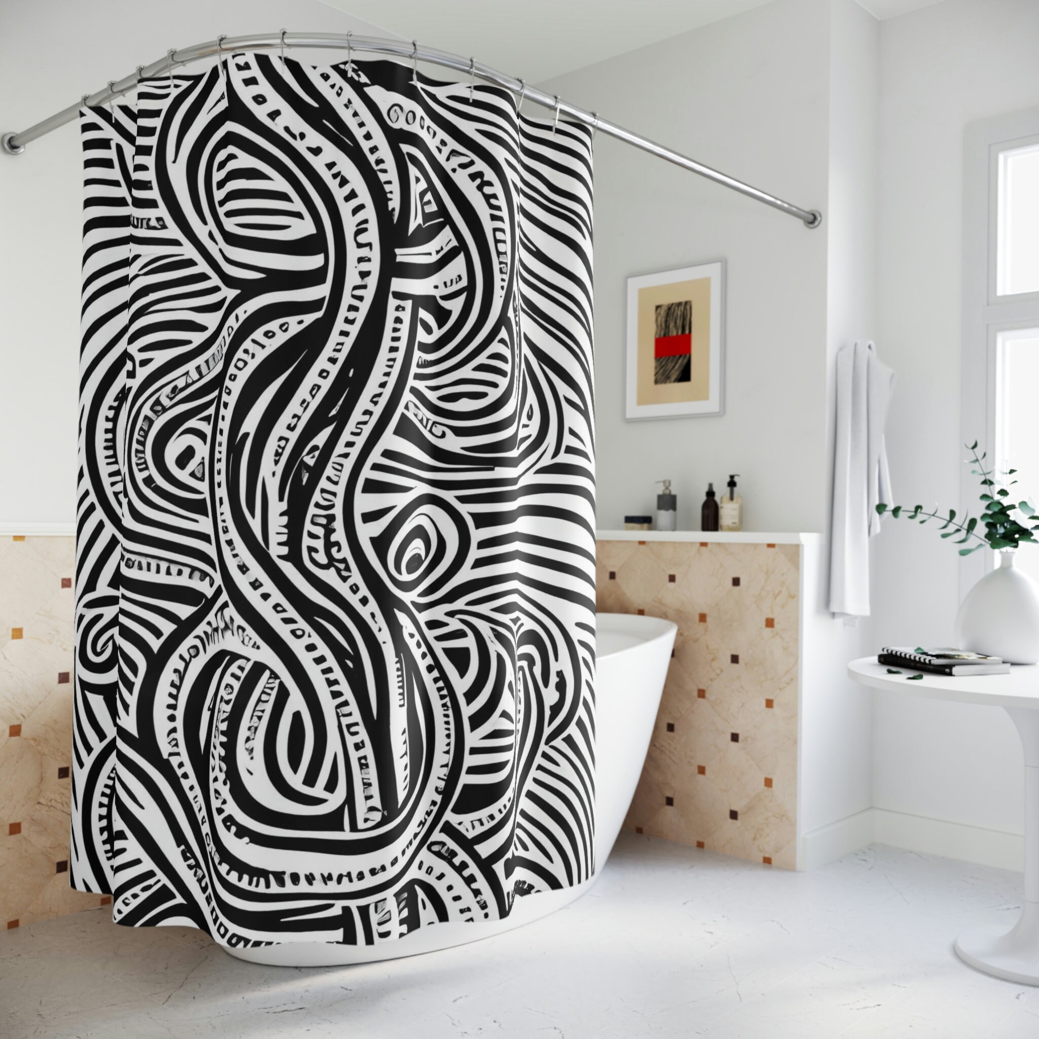 Black And White Octopus Illustration Ai Art Design Print Kids Shower Curtain - Modern Bathroom Decor
