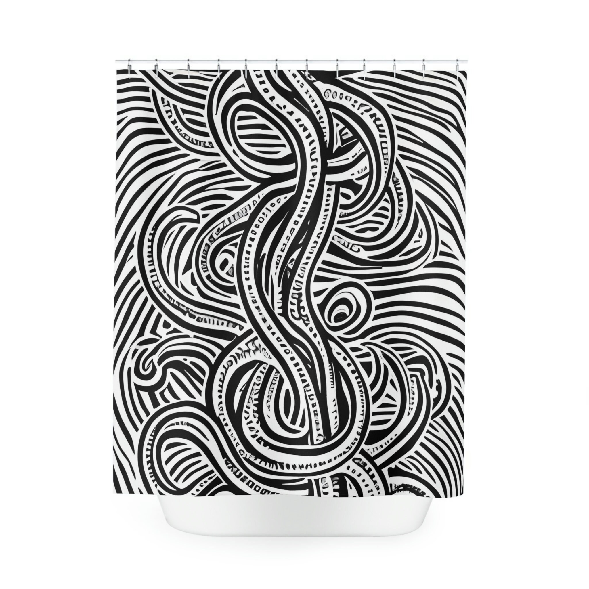 Black And White Octopus Illustration Ai Art Design Print Kids Shower Curtain - Modern Bathroom Decor - Image 2