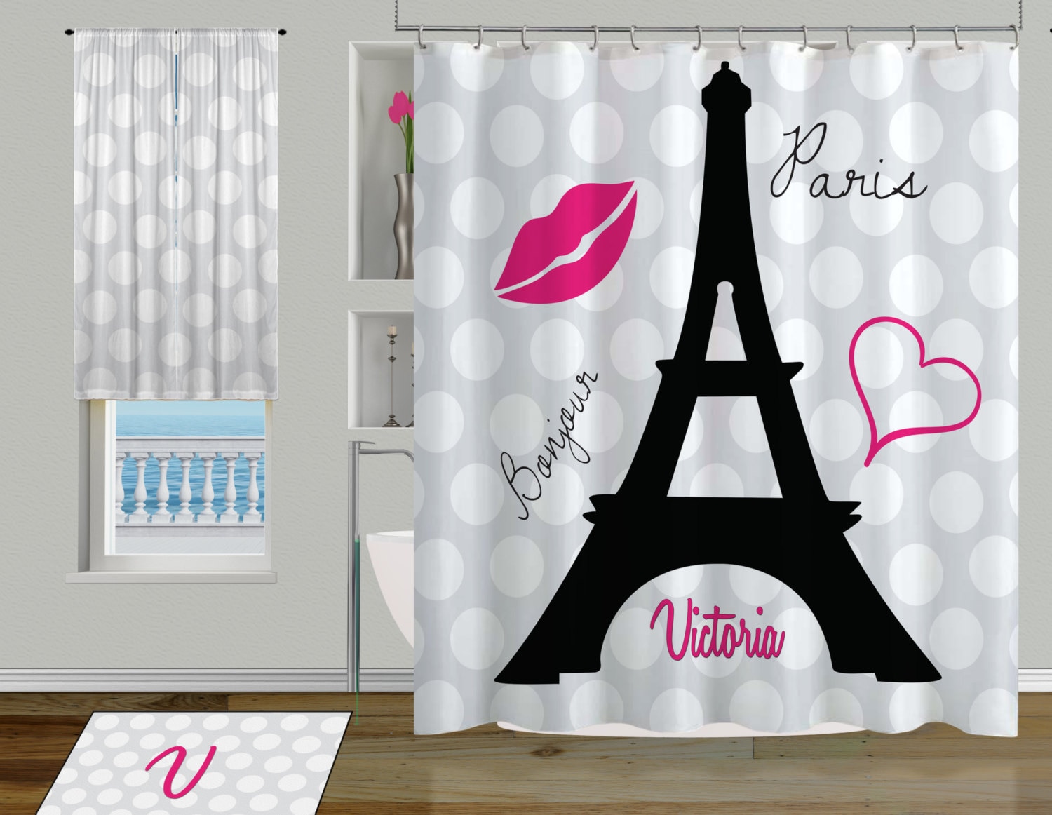 Black And White Paris Polka Dot Eiffel Tower Shower Curtain For A Romantic Bathroom