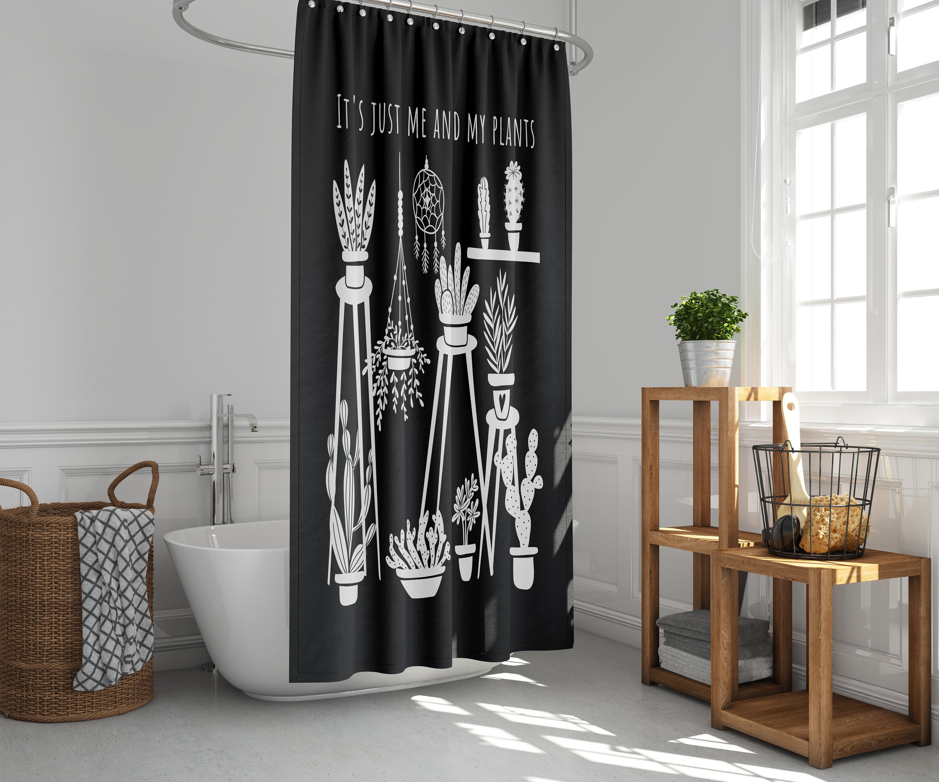 Black And White Plants Shower Curtain With Cacti And Urban Jungle Decor Prints - Plant Lover'S Gift - Image 2