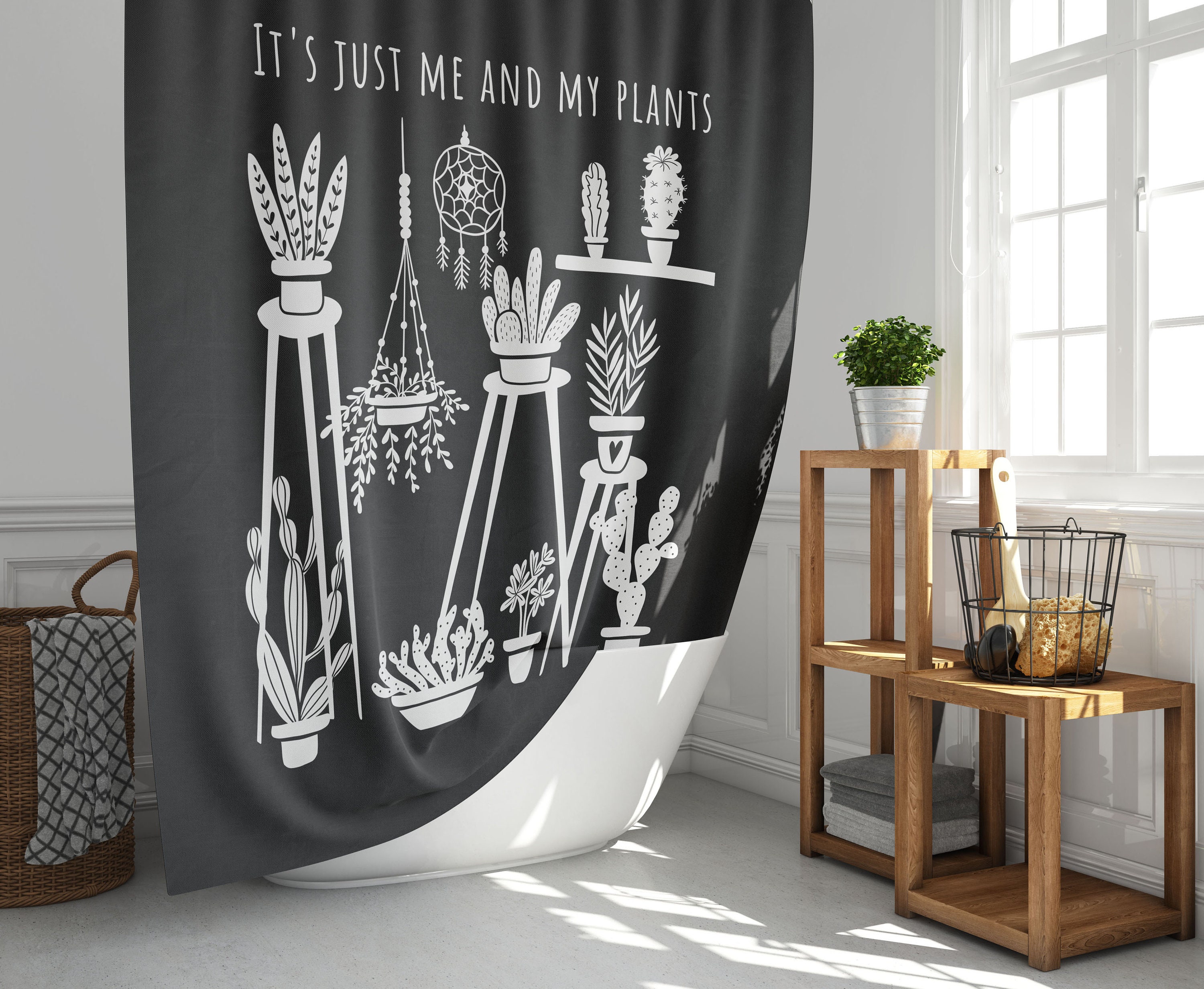 Black And White Plants Shower Curtain With Cacti And Urban Jungle Decor Prints - Plant Lover'S Gift - Image 3