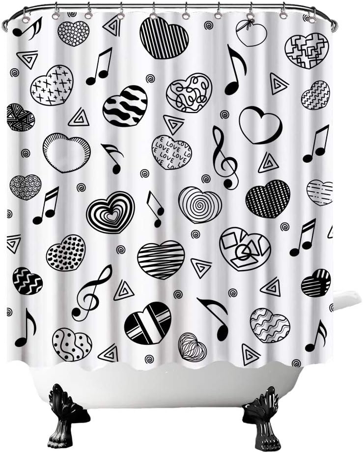 Black And White Shower Curtain Cute Love Heart Music Notes Simple Bathroom Decor