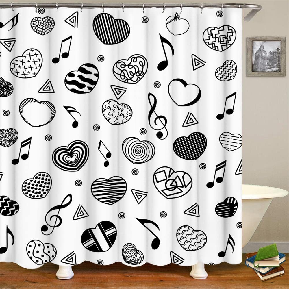 Black And White Shower Curtain Cute Love Heart Music Notes Simple Bathroom Decor