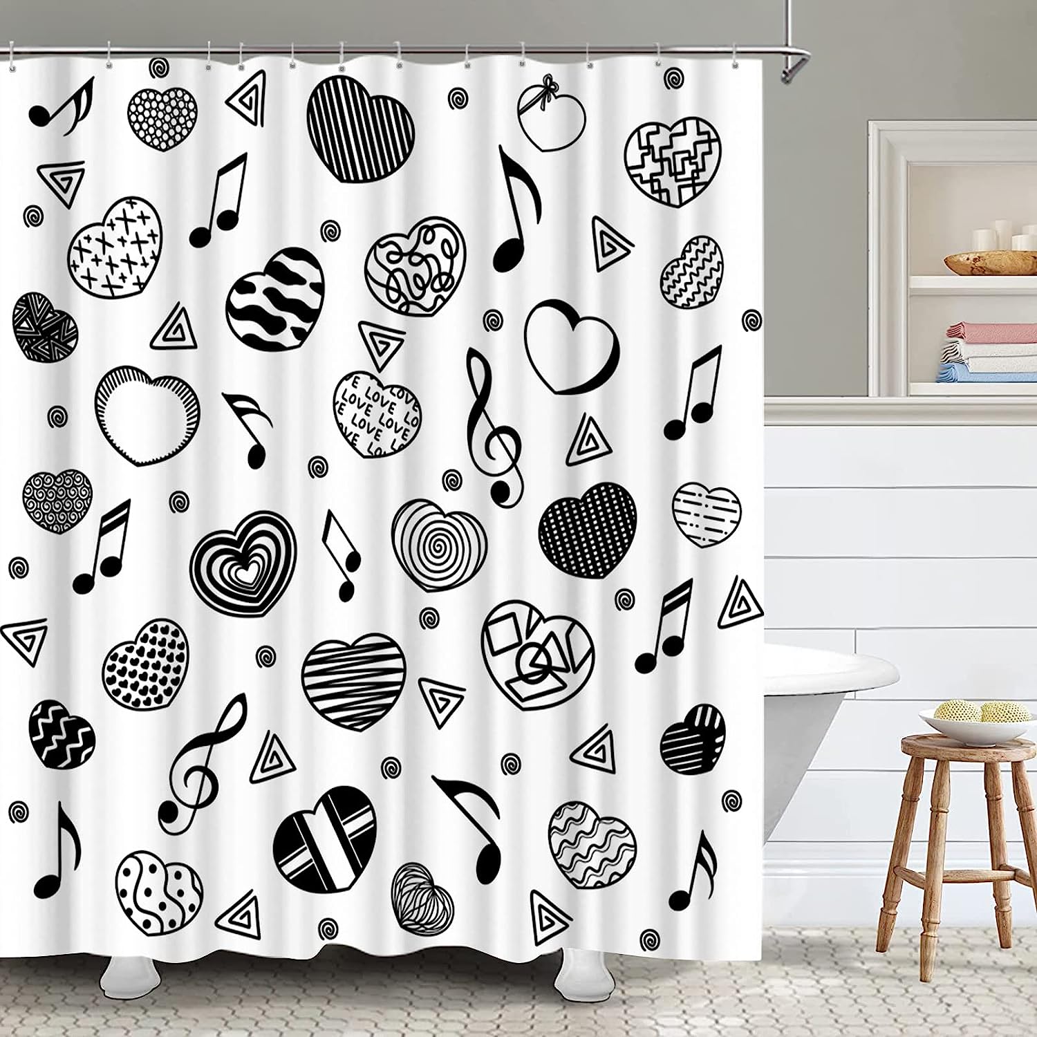 Black And White Shower Curtain Cute Love Heart Music Notes Simple Bathroom Decor
