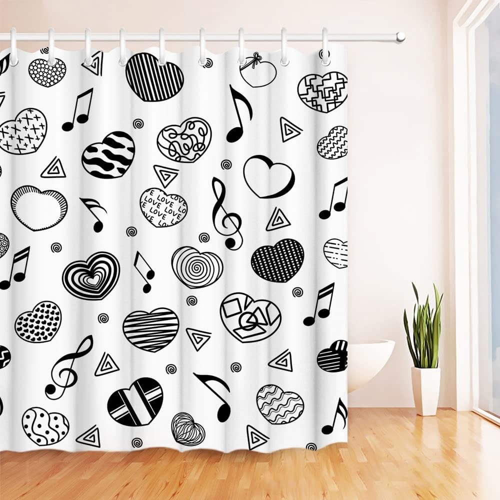 Black And White Shower Curtain Cute Love Heart Music Notes Simple Bathroom Decor