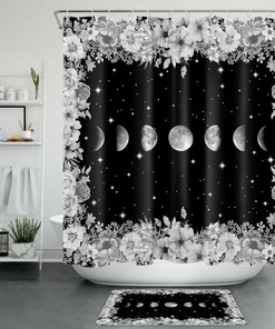 Black And White Space Shower Curtain With Flower Phase Moon And Stars Bathroom Decor
