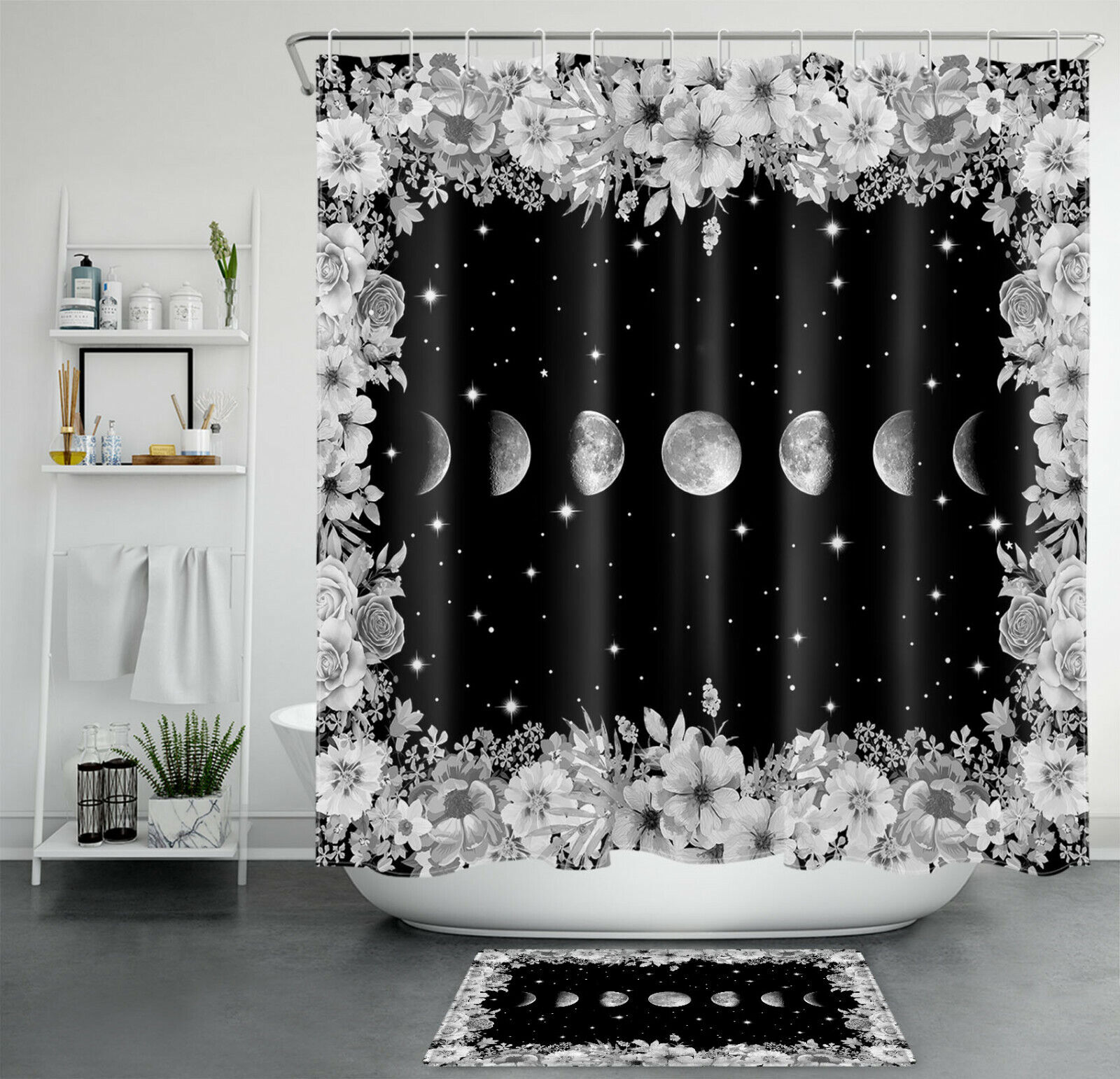Black And White Space Shower Curtain With Flower Phase Moon And Stars Bathroom Decor