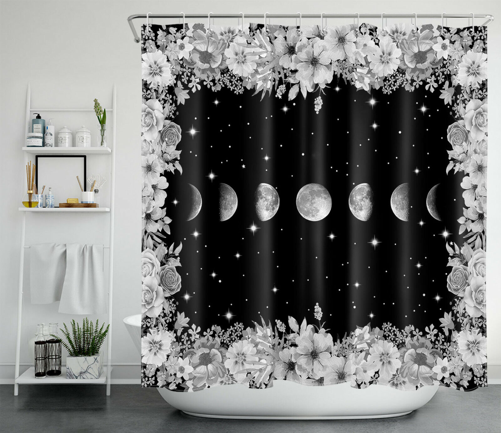 Black And White Space Shower Curtain With Flower Phase Moon And Stars Bathroom Decor - Image 2
