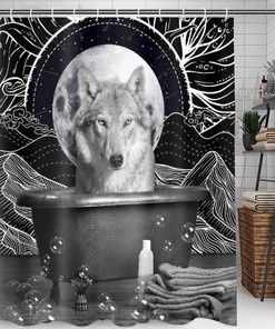 Black And White Wolf Print Shower Curtain For Bathroom Decor