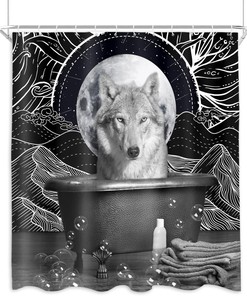 Black And White Wolf Print Shower Curtain For Bathroom Decor