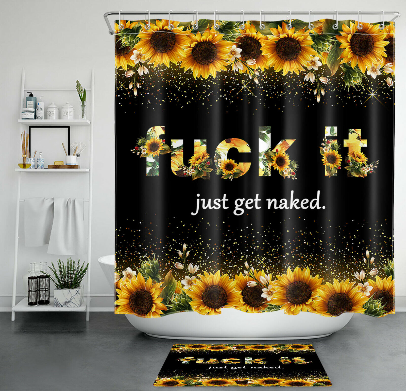 Black And Yellow Sunflower Print Shower Curtain For Cheerful Bathroom Decor