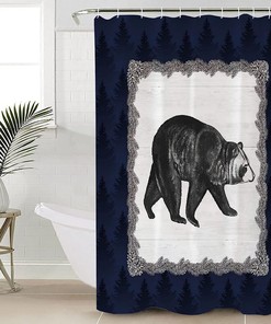 Black Animals Silhouette Blue Forest Farmhouse Bear Shower Curtain