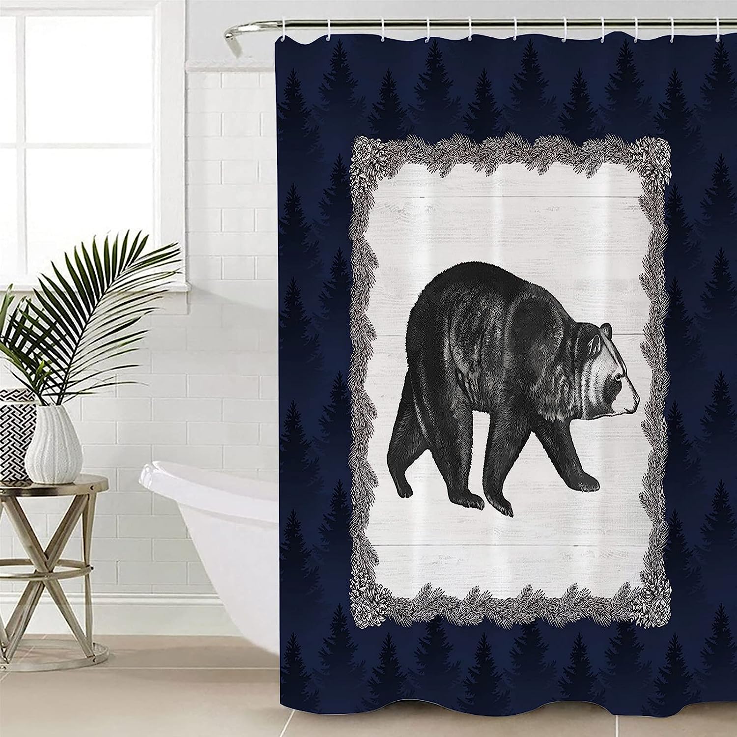 Black Animals Silhouette Blue Forest Farmhouse Bear Shower Curtain
