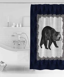 Black Animals Silhouette Blue Forest Farmhouse Bear Shower Curtain