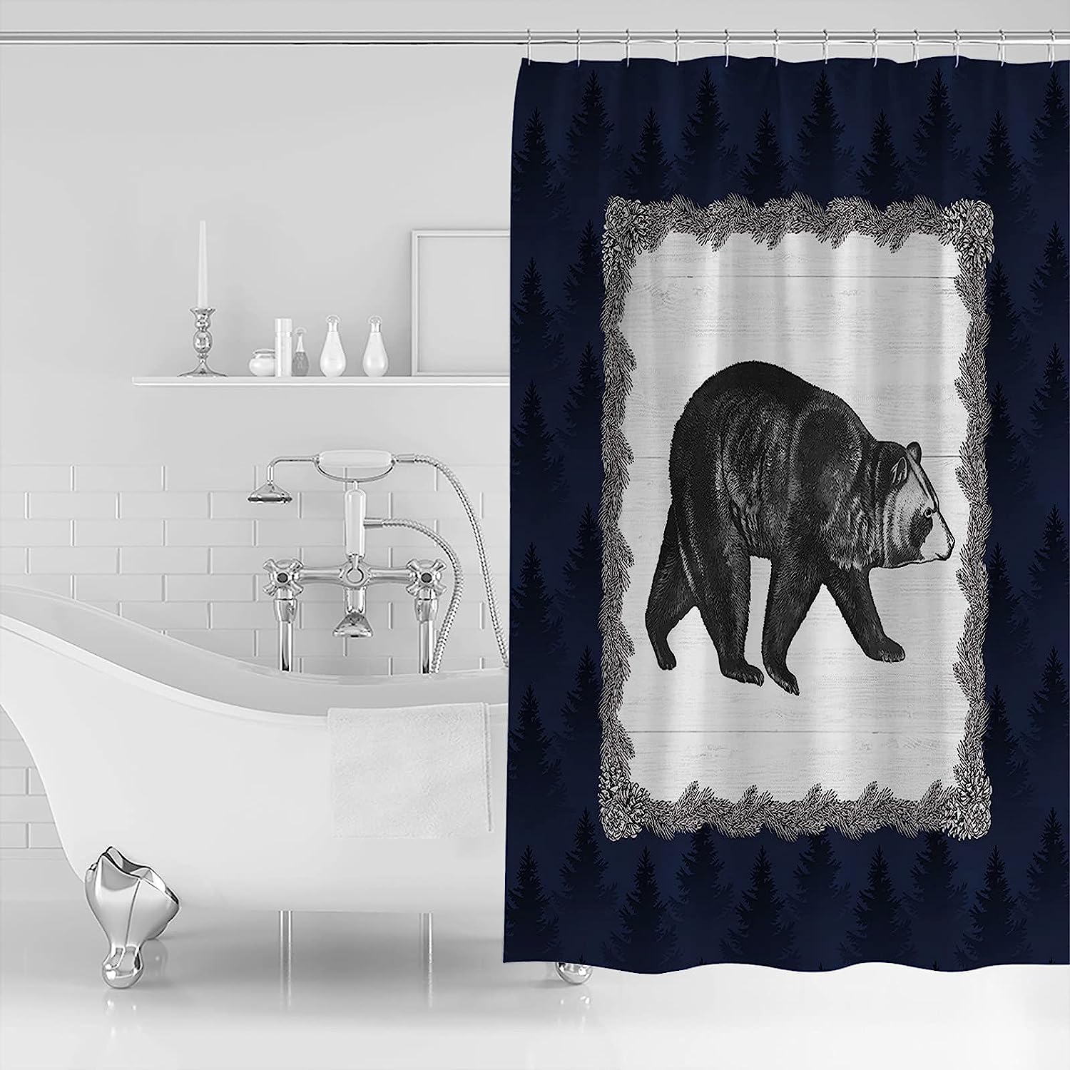 Black Animals Silhouette Blue Forest Farmhouse Bear Shower Curtain