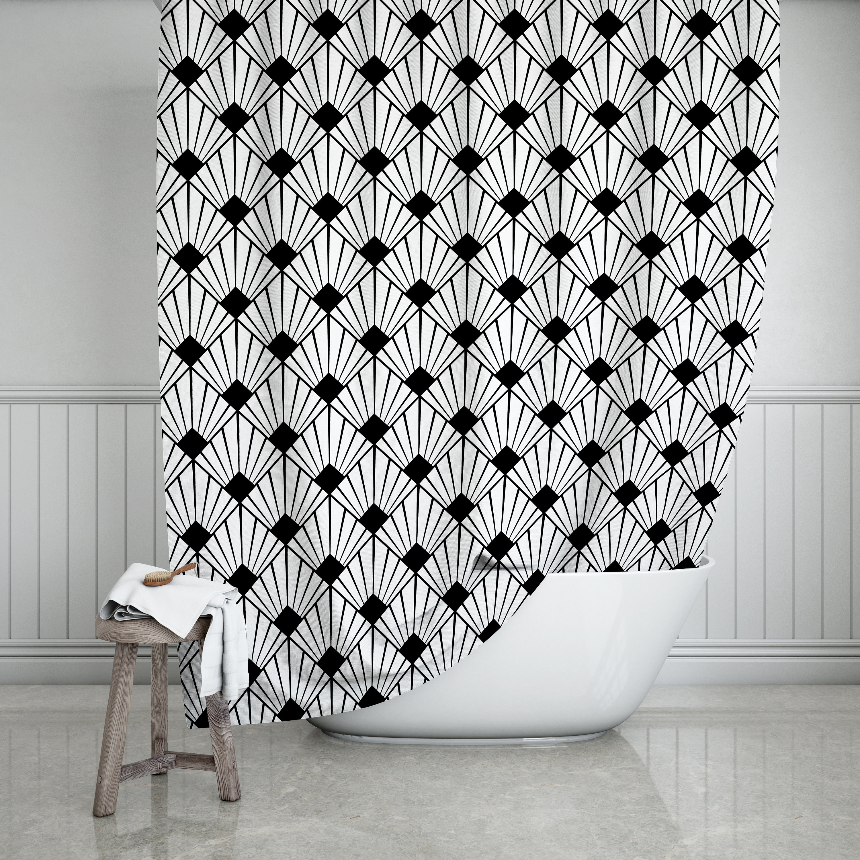 Black Art Deco Shower Curtain With Geometric Bath Curtain And Black And White Decor Prints - Bathroom Decor