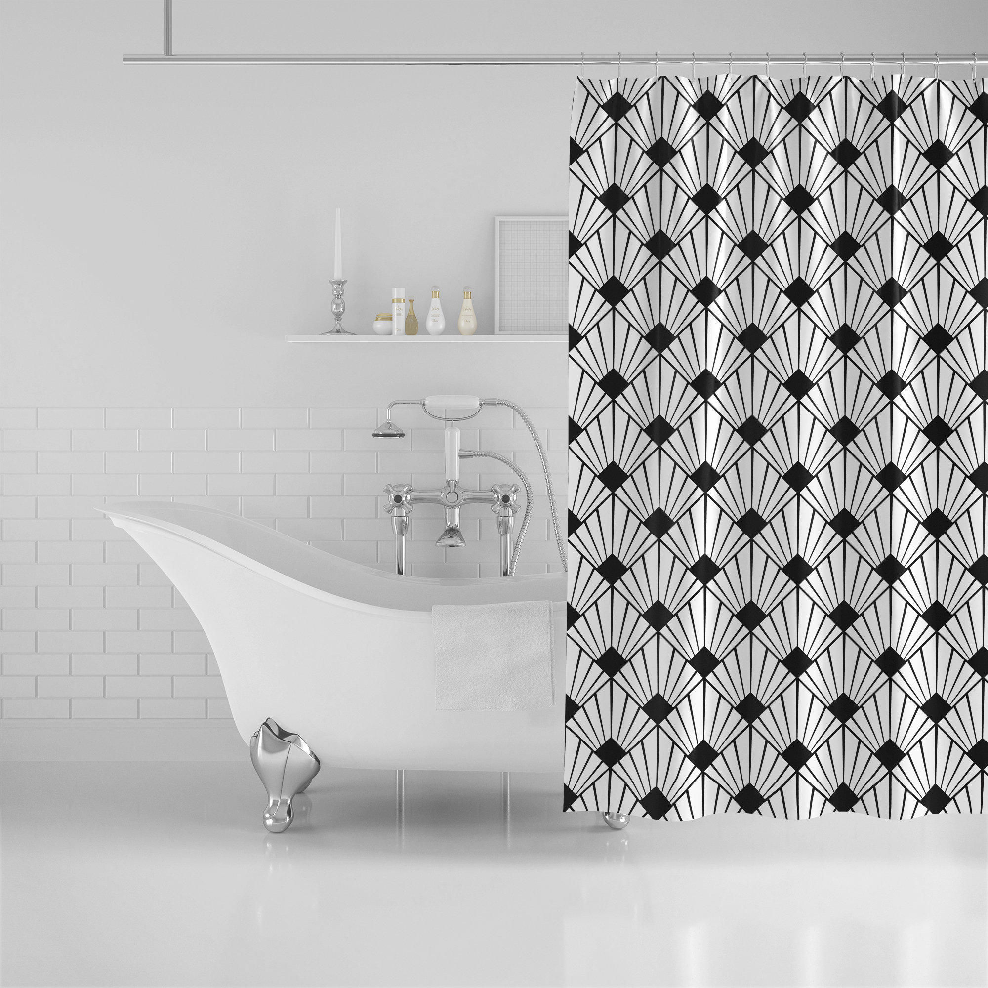 Black Art Deco Shower Curtain With Geometric Bath Curtain And Black And White Decor Prints - Bathroom Decor - Image 2
