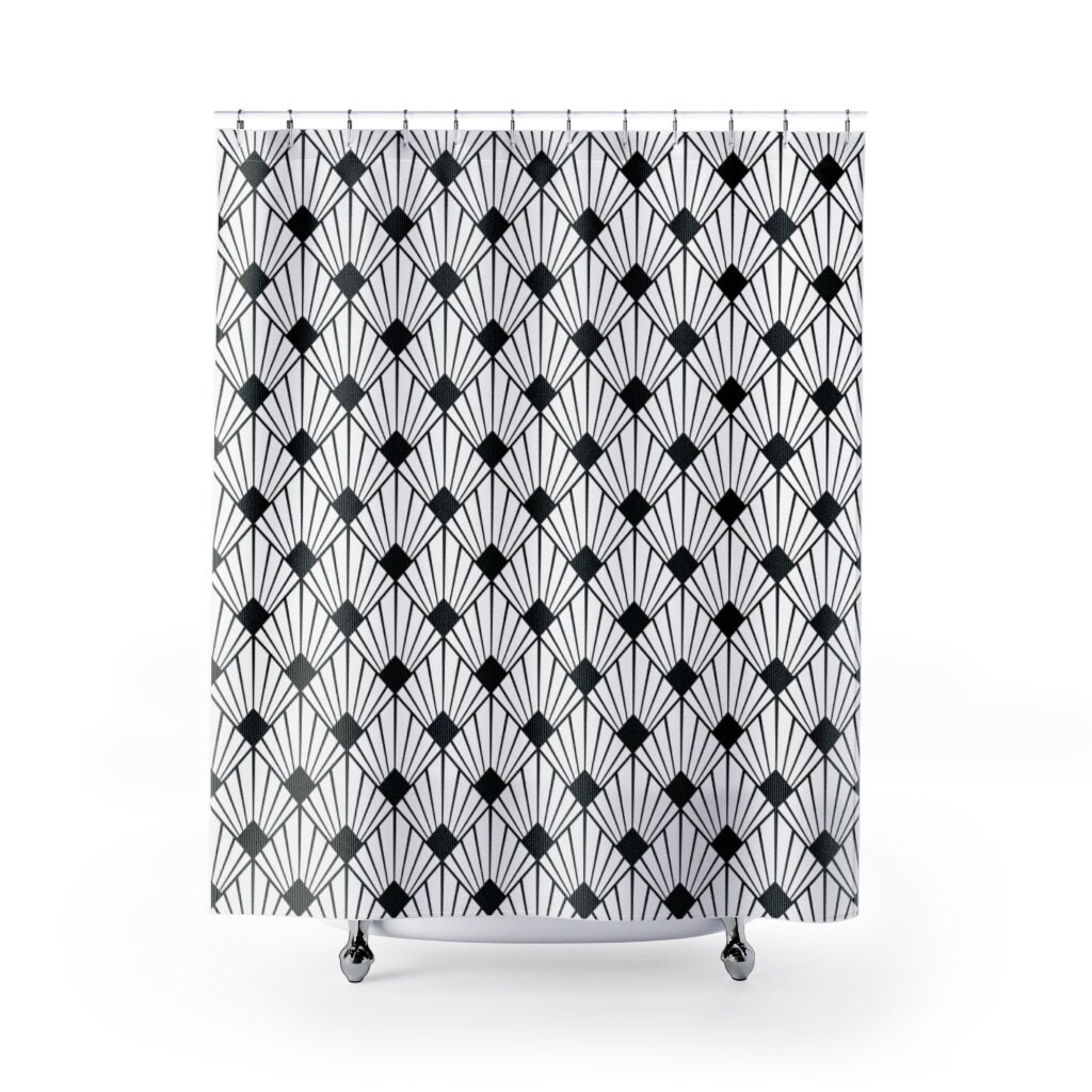 Black Art Deco Shower Curtain With Geometric Bath Curtain And Black And White Decor Prints - Bathroom Decor - Image 3
