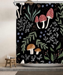 Black Background Mushroom Garden Shower Curtain - Green Wild Plant Leaf Botanical Herb Nature Bathroom Decor