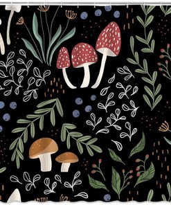 Black Background Mushroom Garden Shower Curtain - Green Wild Plant Leaf Botanical Herb Nature Bathroom Decor