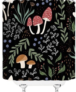 Black Background Mushroom Garden Shower Curtain - Green Wild Plant Leaf Botanical Herb Nature Bathroom Decor