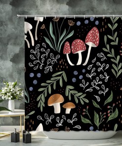 Black Background Mushroom Garden Shower Curtain - Green Wild Plant Leaf Botanical Herb Nature Bathroom Decor