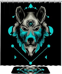 Black Background Wolf Head Shower Curtain with Animal Print for Bathroom Decor