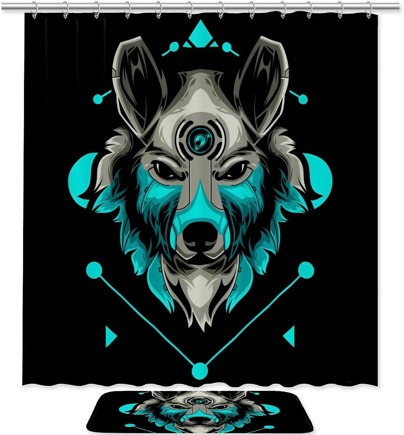 Black Background Wolf Head Shower Curtain with Animal Print for Bathroom Decor