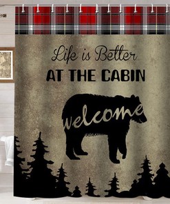 Black Bear Shower Curtain - Buffalo Plaid Check Pine Tree Woodland Wildlife Bathroom Decor