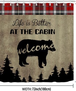 Black Bear Shower Curtain - Buffalo Plaid Check Pine Tree Woodland Wildlife Bathroom Decor