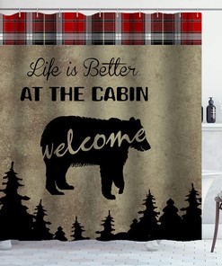 Black Bear Shower Curtain - Buffalo Plaid Check Pine Tree Woodland Wildlife Bathroom Decor