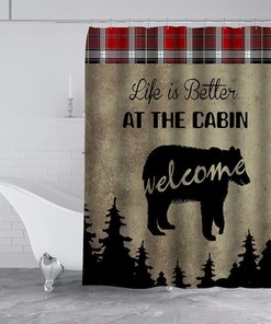 Black Bear Shower Curtain - Buffalo Plaid Check Pine Tree Woodland Wildlife Bathroom Decor