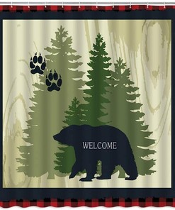 Black Bear Shower Curtain, Wildlife Animal and Rustic Forest Design for Bathroom Decor
