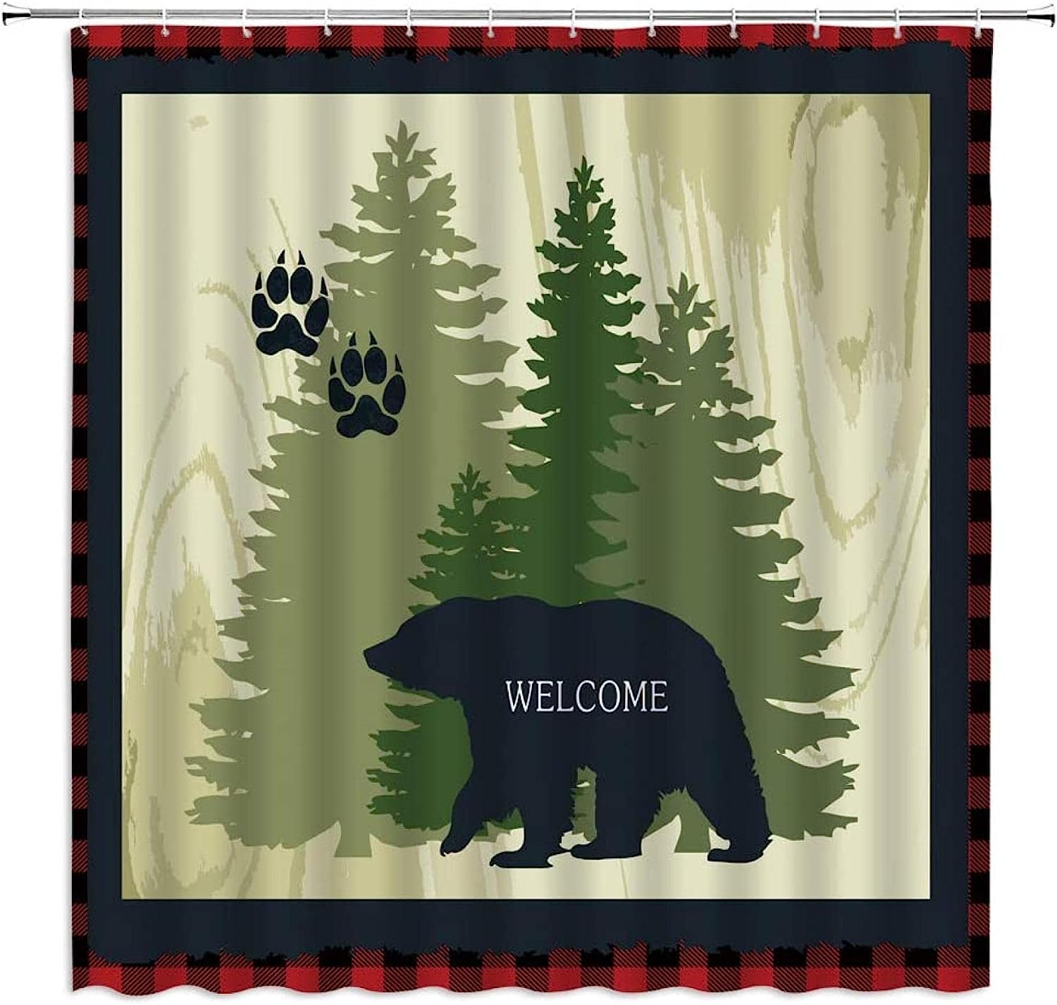 Black Bear Shower Curtain, Wildlife Animal and Rustic Forest Design for Bathroom Decor
