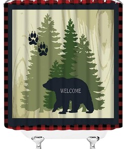 Black Bear Shower Curtain, Wildlife Animal and Rustic Forest Design for Bathroom Decor