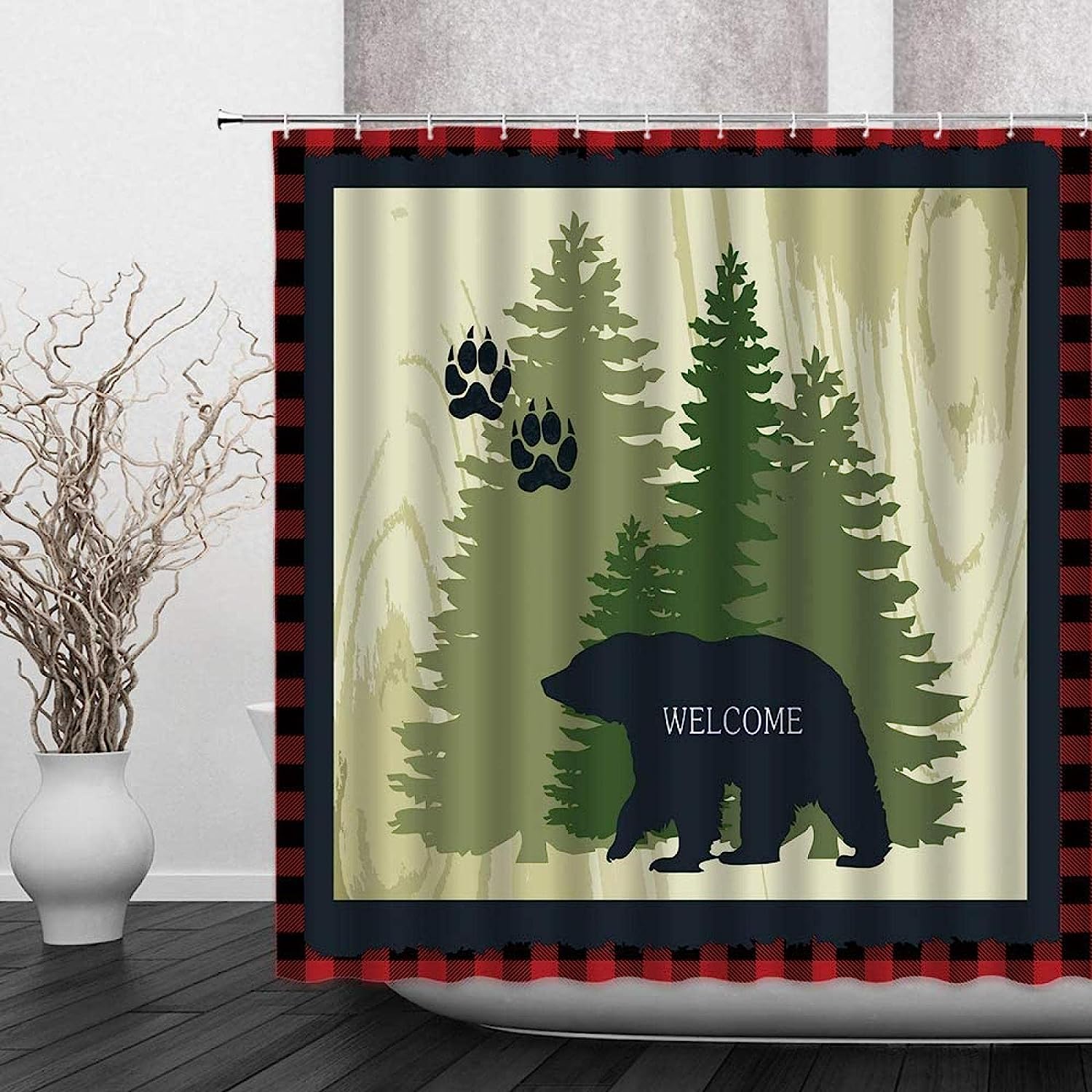 Black Bear Shower Curtain, Wildlife Animal and Rustic Forest Design for Bathroom Decor