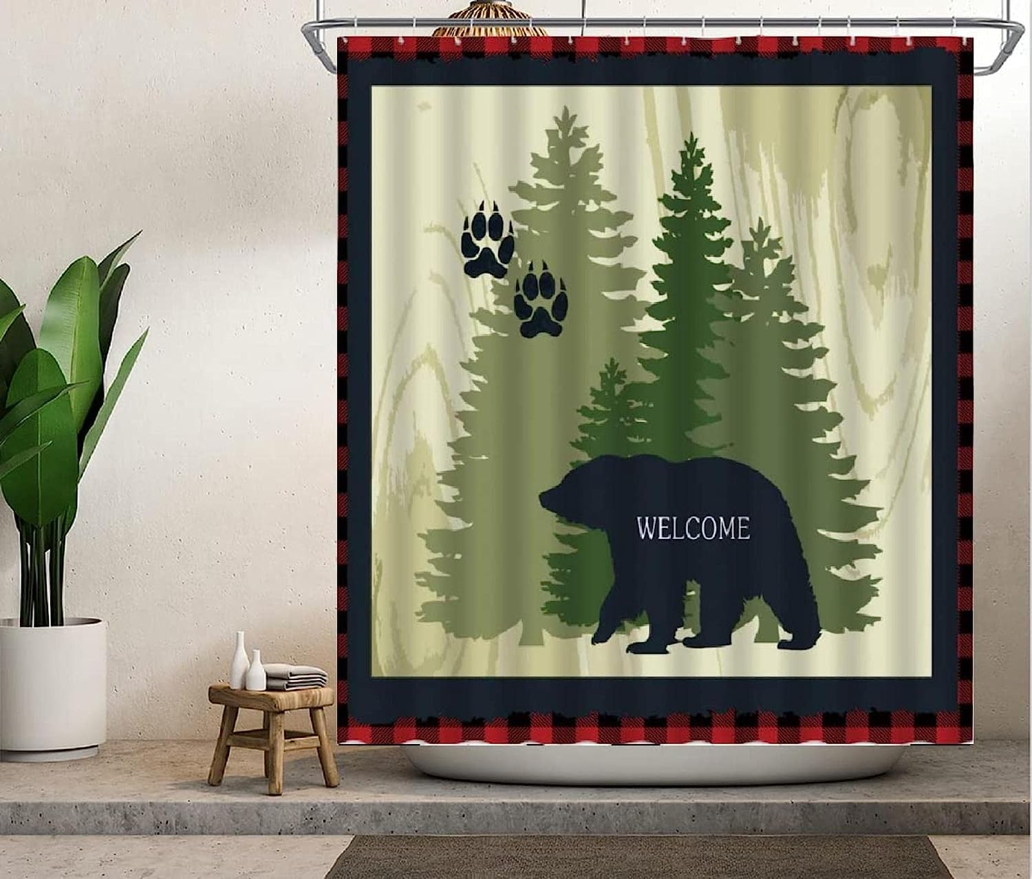 Black Bear Shower Curtain, Wildlife Animal and Rustic Forest Design for Bathroom Decor
