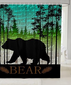 Black Bear Silhouette Shower Curtain for Rustic Bathroom, Waterproof and Wild Animal Theme