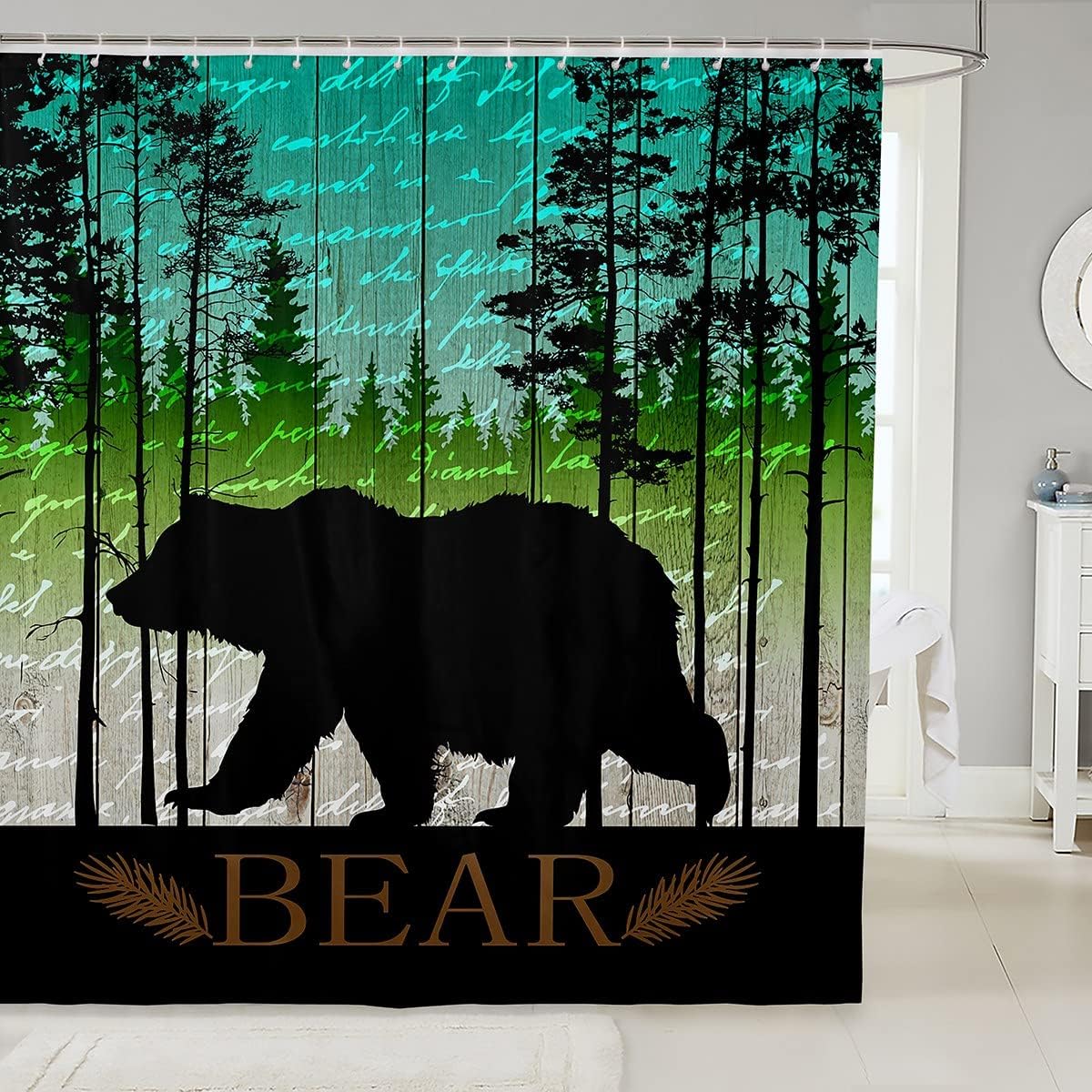 Black Bear Silhouette Shower Curtain for Rustic Bathroom, Waterproof and Wild Animal Theme