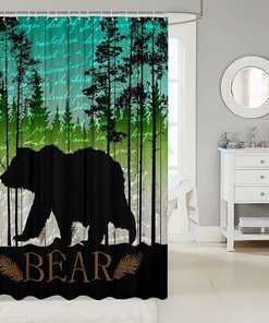 Black Bear Silhouette Shower Curtain for Rustic Bathroom, Waterproof and Wild Animal Theme