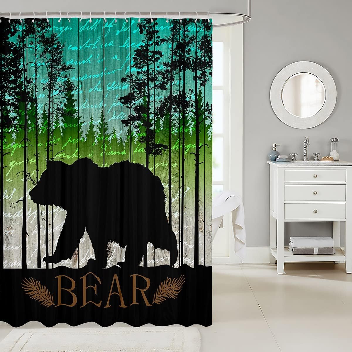 Black Bear Silhouette Shower Curtain for Rustic Bathroom, Waterproof and Wild Animal Theme