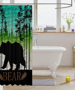 Black Bear Silhouette Shower Curtain for Rustic Bathroom, Waterproof and Wild Animal Theme