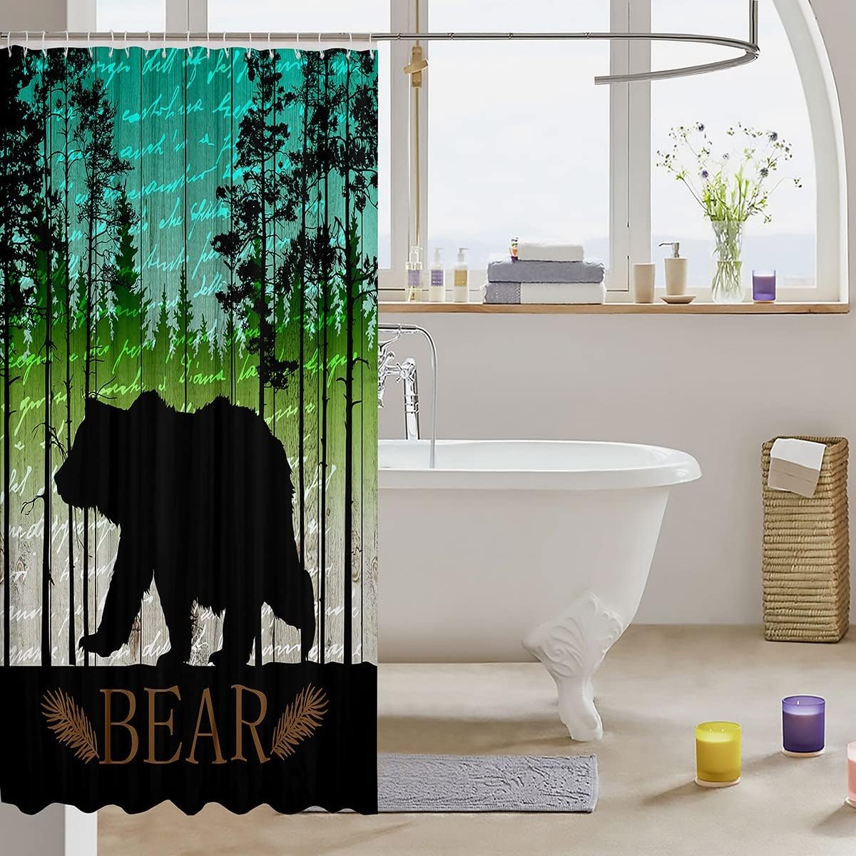 Black Bear Silhouette Shower Curtain for Rustic Bathroom, Waterproof and Wild Animal Theme