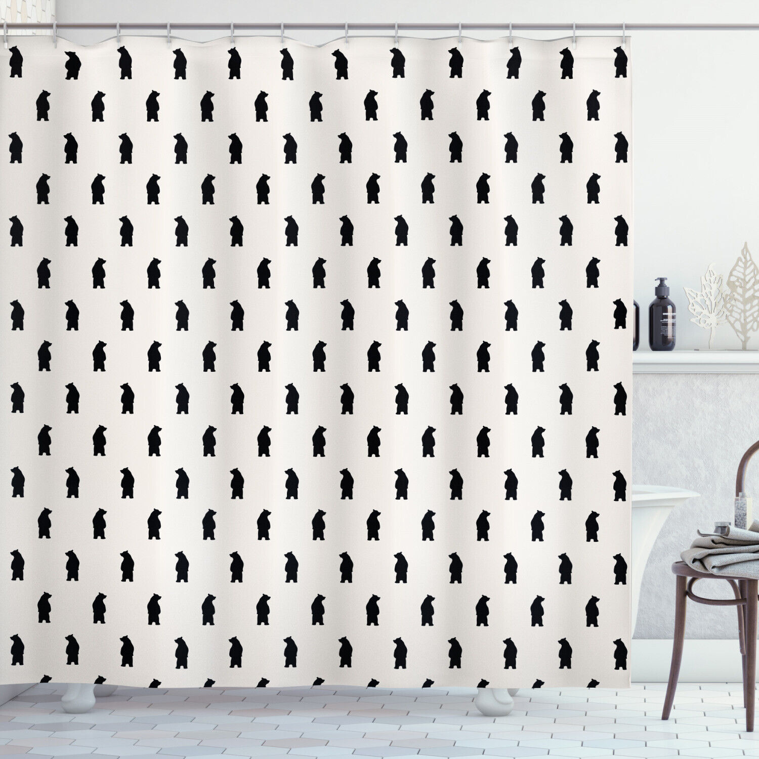 Black Bear Silhouettes Print Animal Shower Curtain For Rustic Bathroom