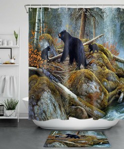 Black Bears River Shower Curtain - Autumn Forest Pine Trees Nature Scene
