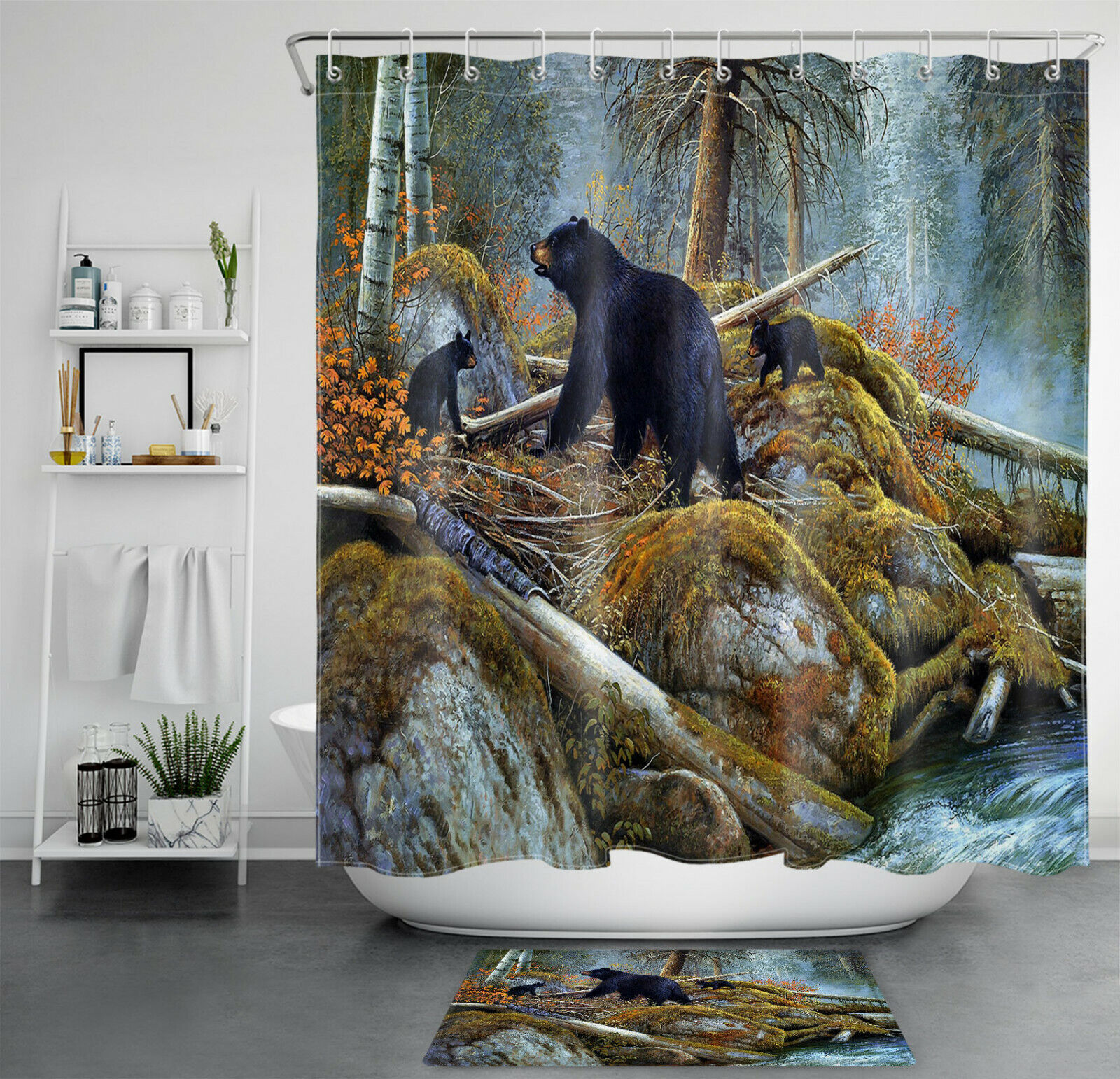 Black Bears River Shower Curtain - Autumn Forest Pine Trees Nature Scene
